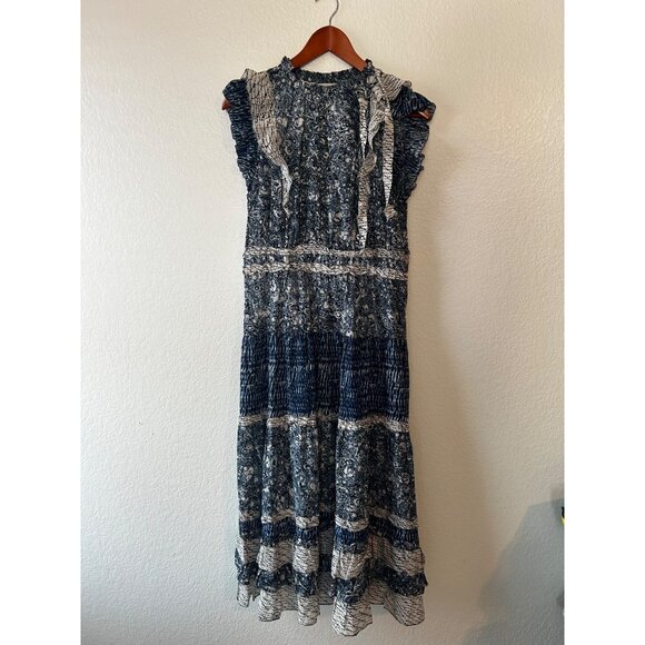 Ulla Johnson BOHO Kiri Ruffled Patchwork Cotton Blend Voile Midi Dress SIZE 12 - Picture 2 of 8